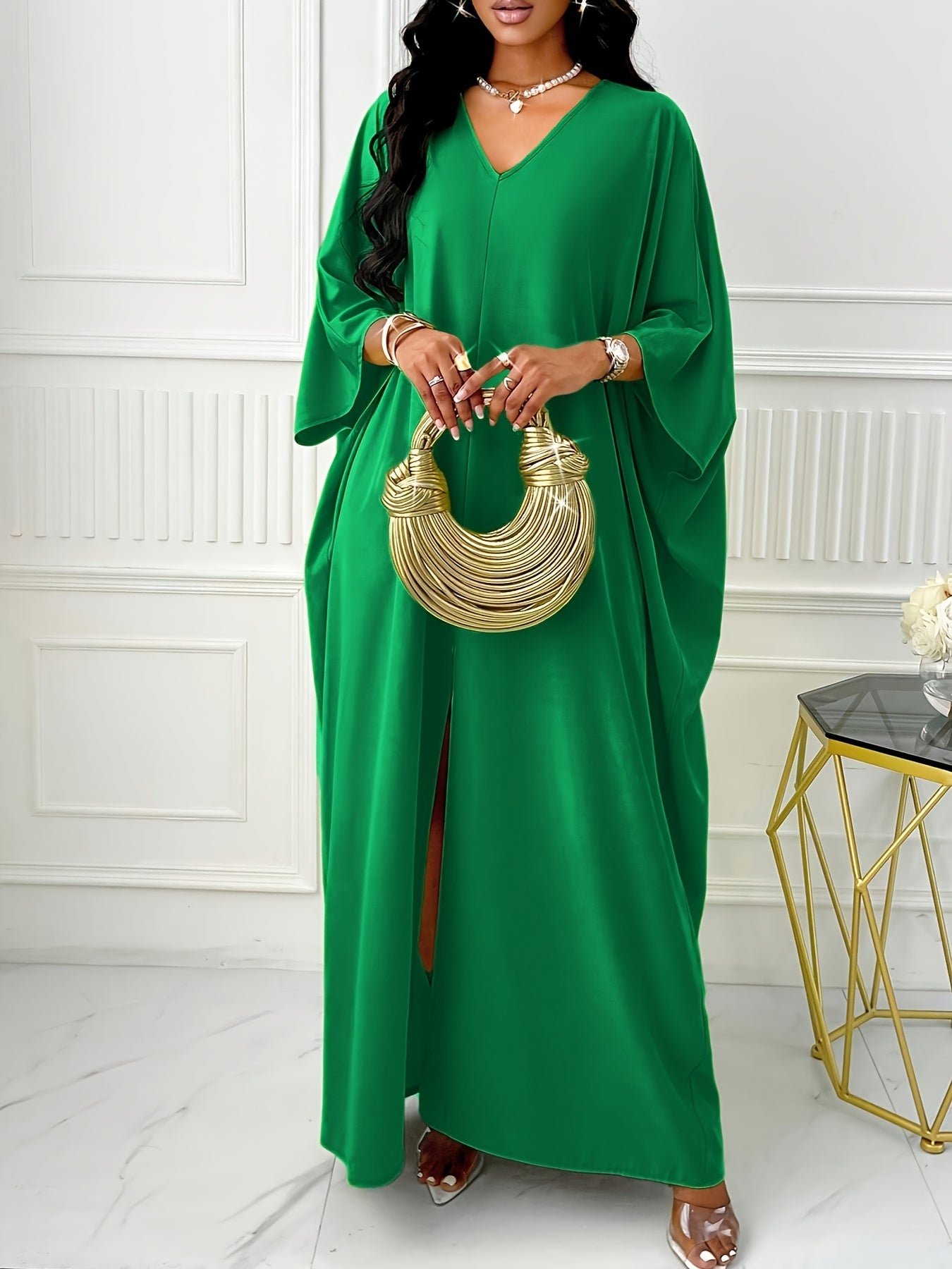 Elegant Solid Color V-Neck Cap Sleeve Side Slit Tunic Dress for Women - 100% Polyester Casual All-Season Long Dress